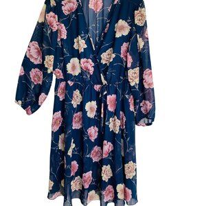Indigo Rose Floral Navy Pink Maxi Dress With Long Sleeves & Tie Waist Size 2X